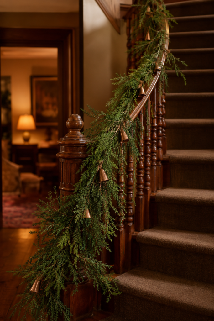 Cedar Christmas garland with copper bells on a staircase banister