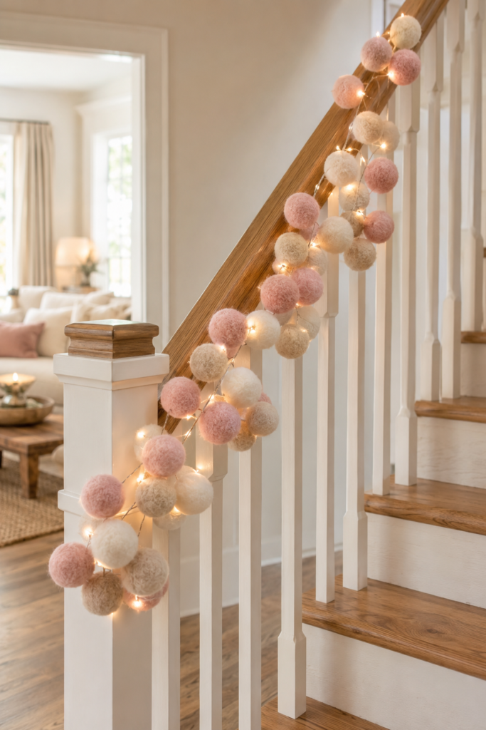 Pink pom-pom and twinkle light garland on a staircase railing