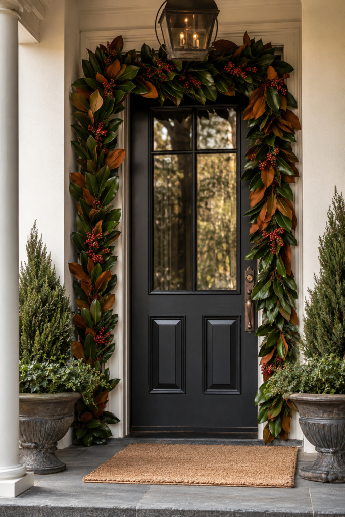 Magnolia leaf and winterberry Christmas garland on a front door