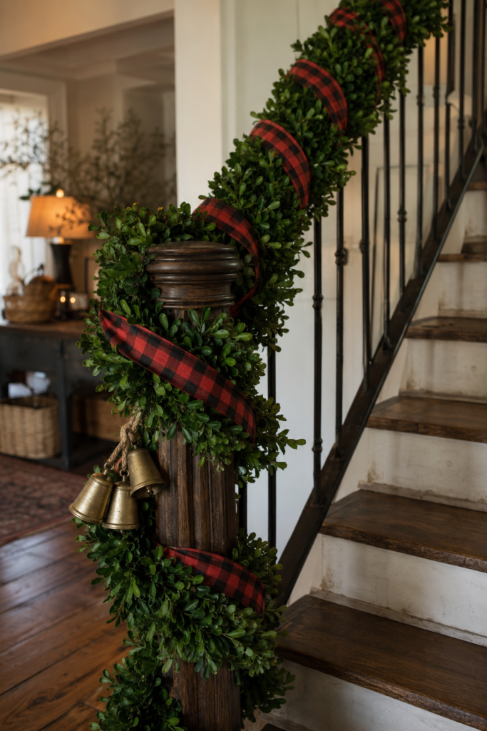 Boxwood Christmas garland with buffalo plaid ribbon on a staircase