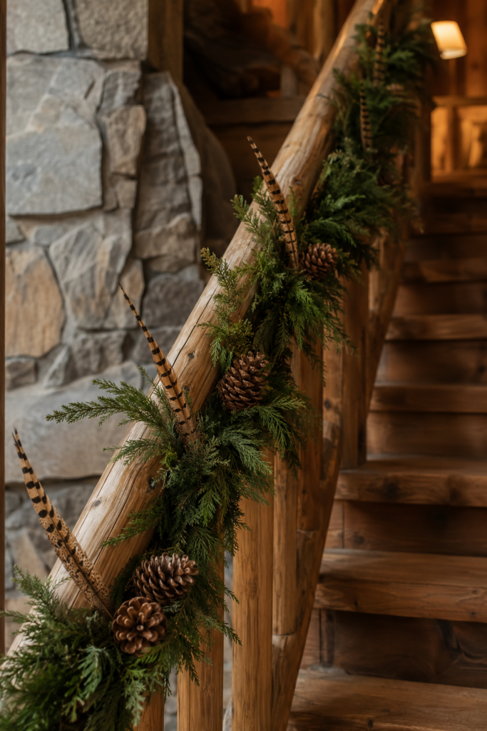 Pinecone and pheasant feather Christmas garland on a staircase banister