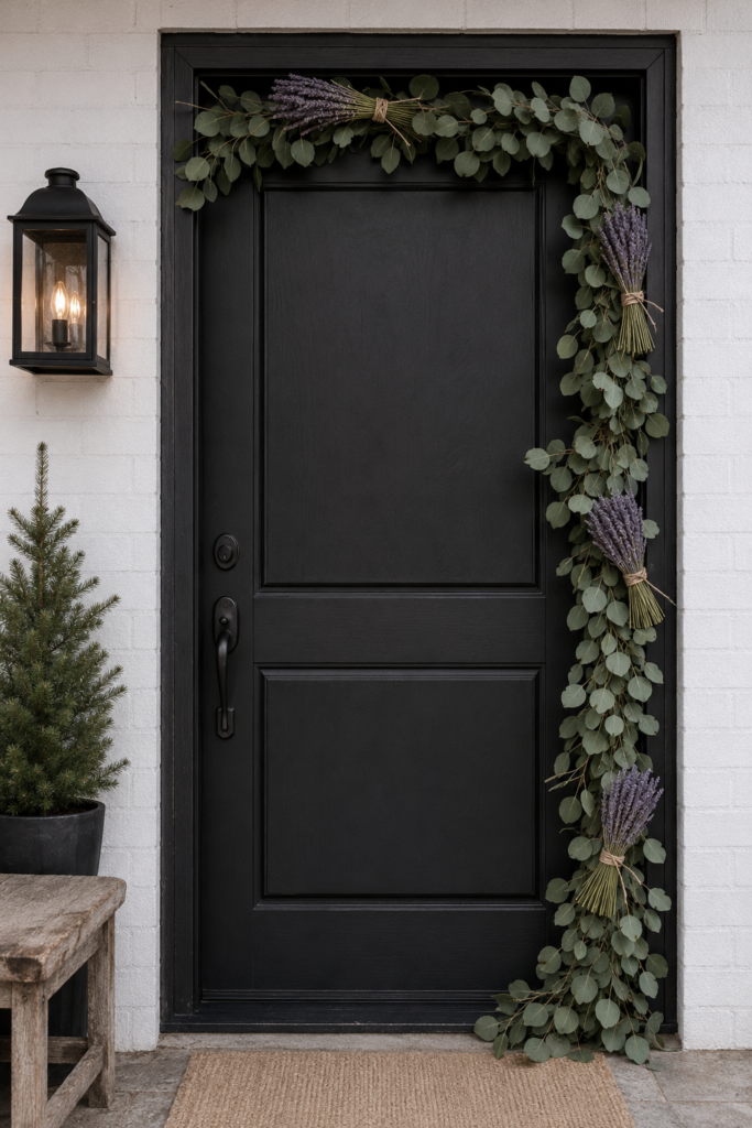 Eucalyptus and dried lavender Christmas garland on a front door