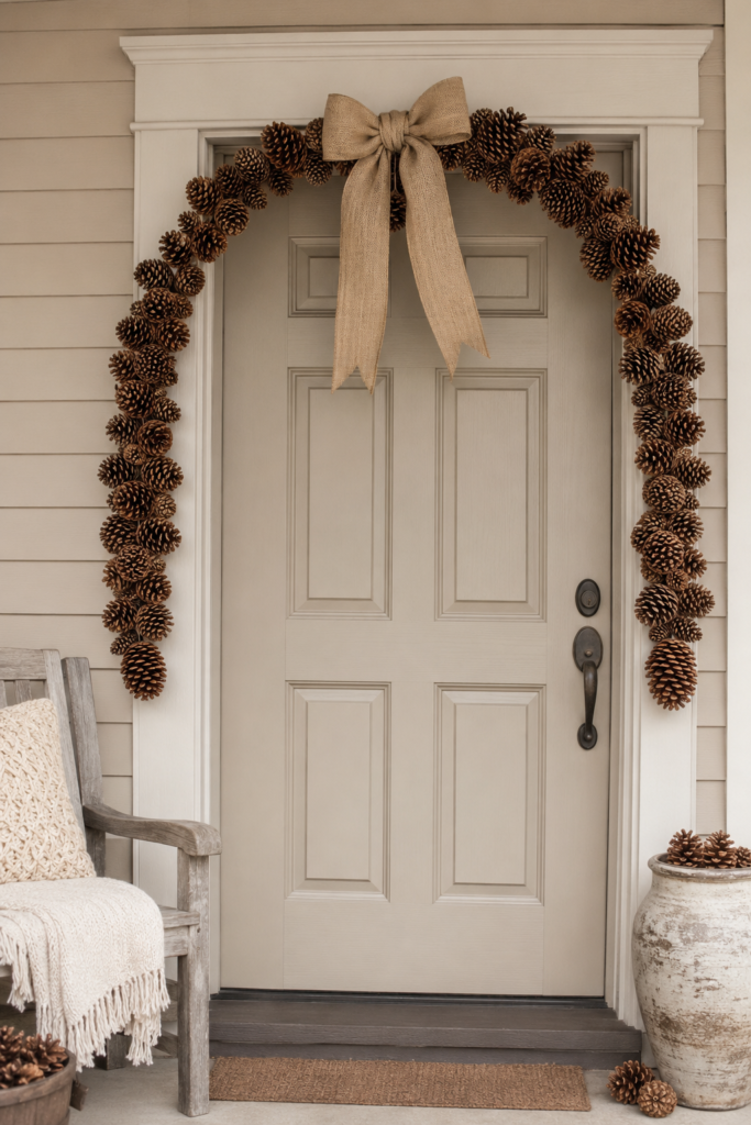 Pinecone and burlap Christmas garland on a front door