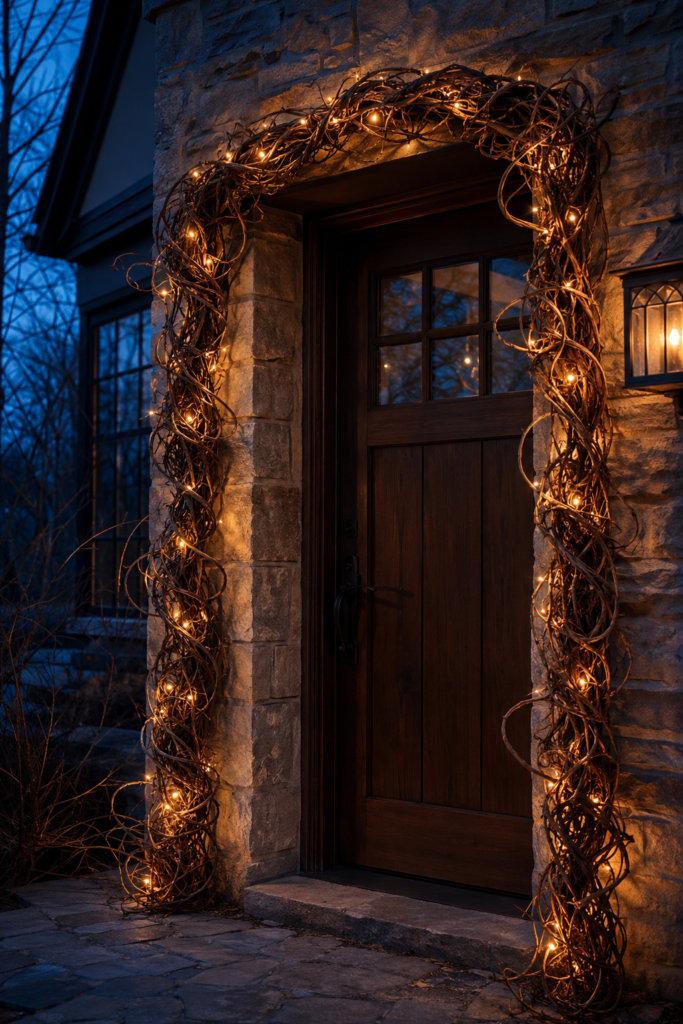 Grapevine Christmas garland with fairy lights on a front door