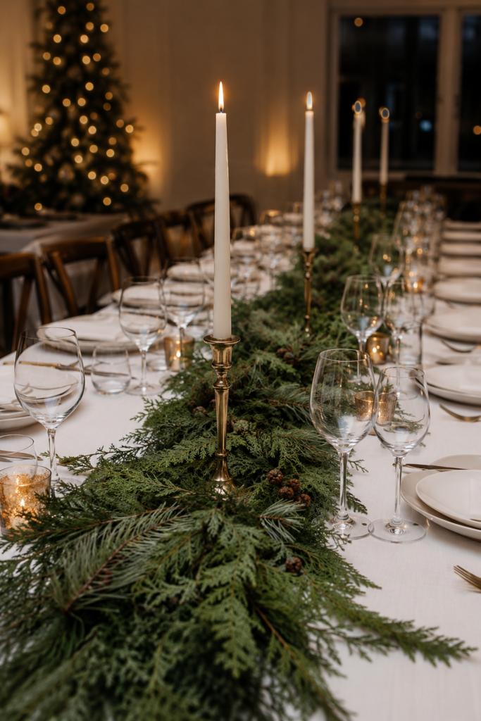 Fresh greenery and taper candle Christmas garland on a dining table