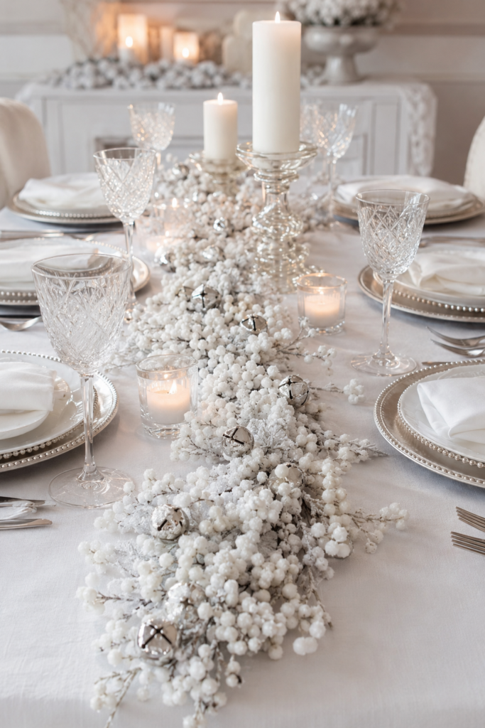 Faux snowberry and silver bell Christmas table runner garland