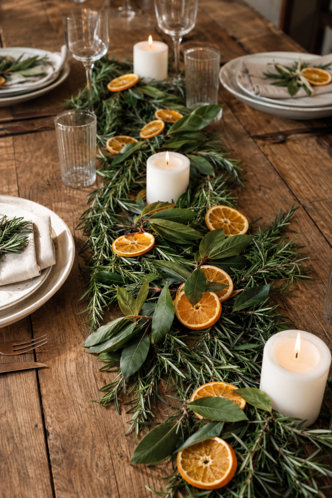 Fresh herb and citrus Christmas table garland