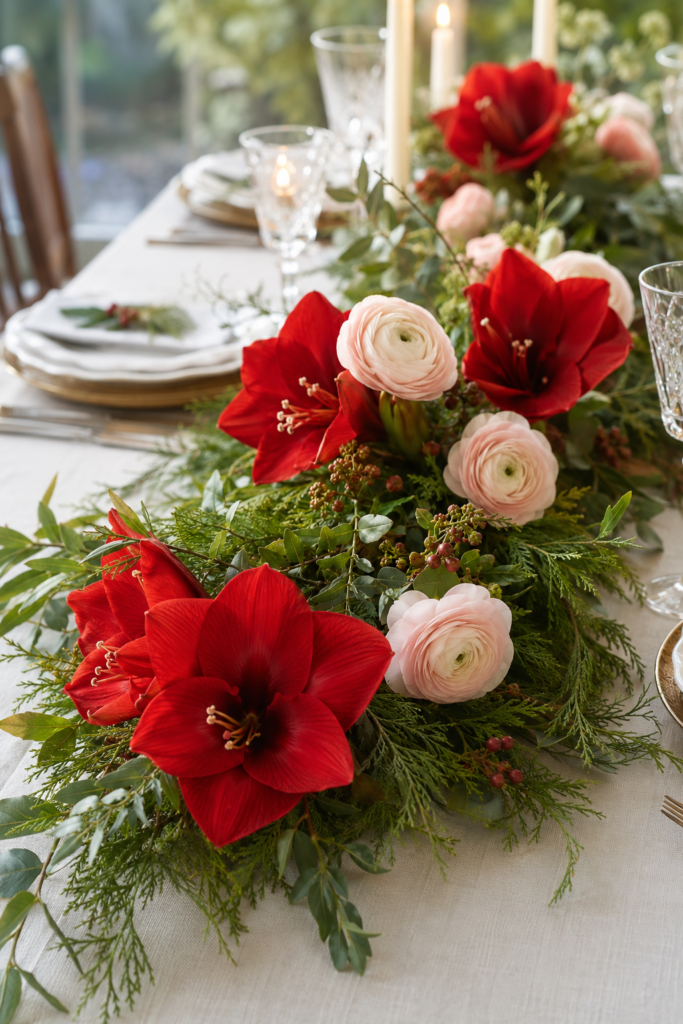 Fresh amaryllis and ranunculus Christmas table garland