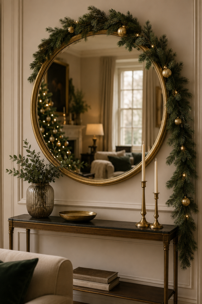 Christmas garland draped around a large mirror