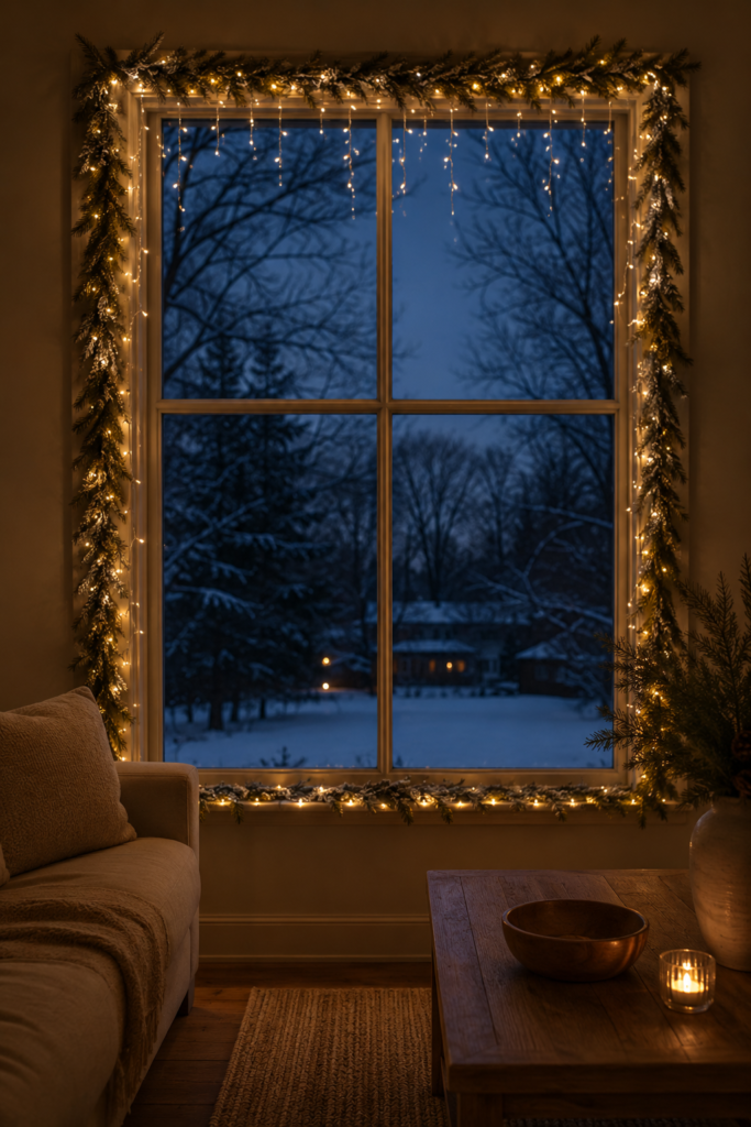 Christmas window frame garland with icicle lights
