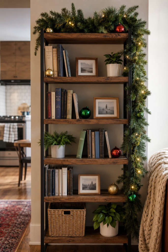 Christmas garland and ornaments styled on a bookshelf