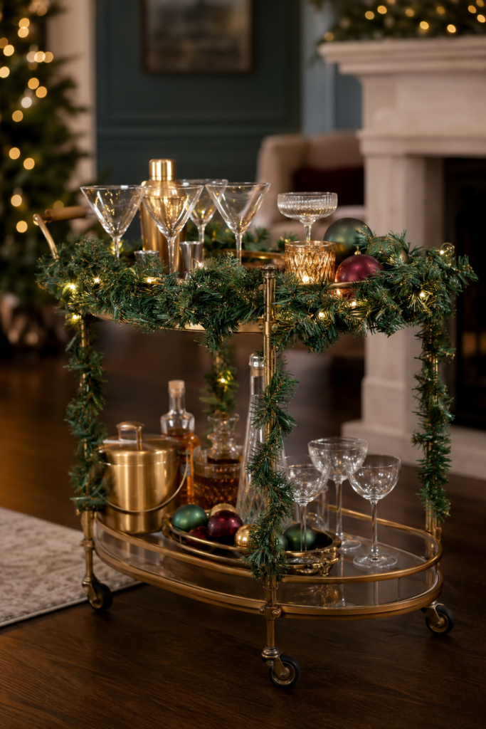 Christmas garland wrapped around a bar cart