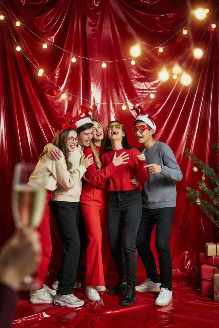 A group of teens laughing mid-photo in front of a shimmering red foil backdrop, wearing festive headbands and novelty glasses, string lights glowing in the background.