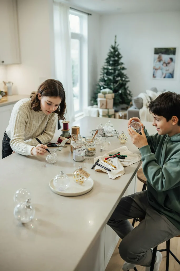 Teens painting and decorating DIY Christmas ornaments at a craft night