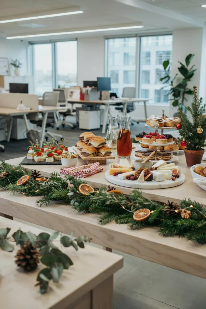 Breakroom table set up with festive finger foods for an office Christmas party