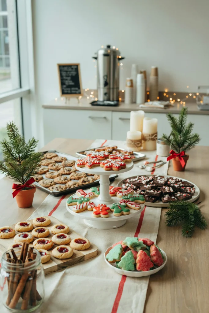 Homemade cookies laid out on a table for an office Christmas cookie exchange