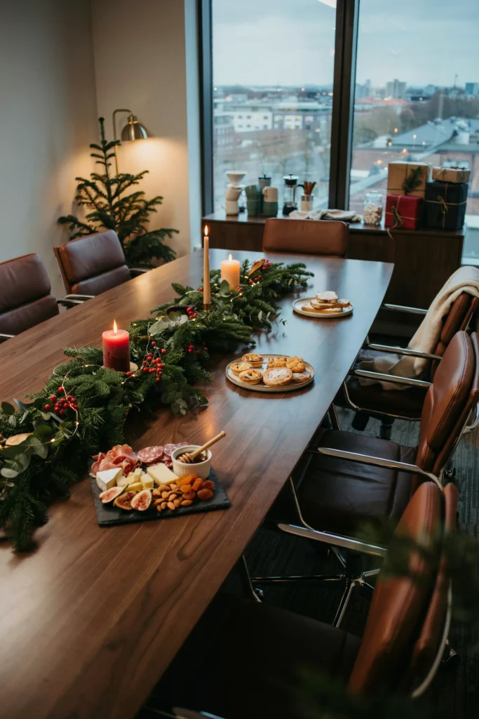 Small team gathered around a table for a cozy office holiday celebration