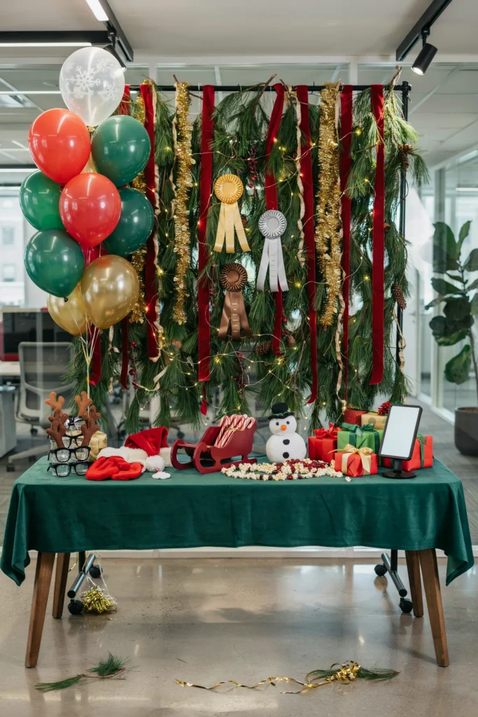 Coworkers wearing mismatched ugly Christmas sweaters for an office contest