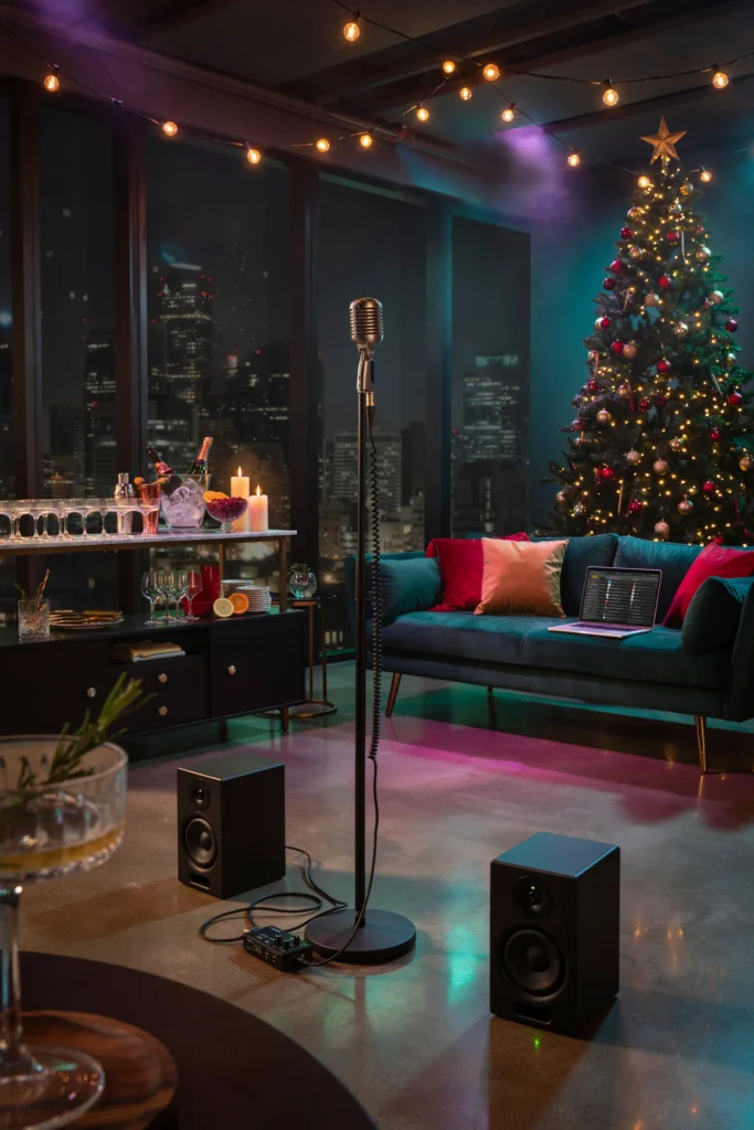 Coworkers singing karaoke together at an office Christmas happy hour