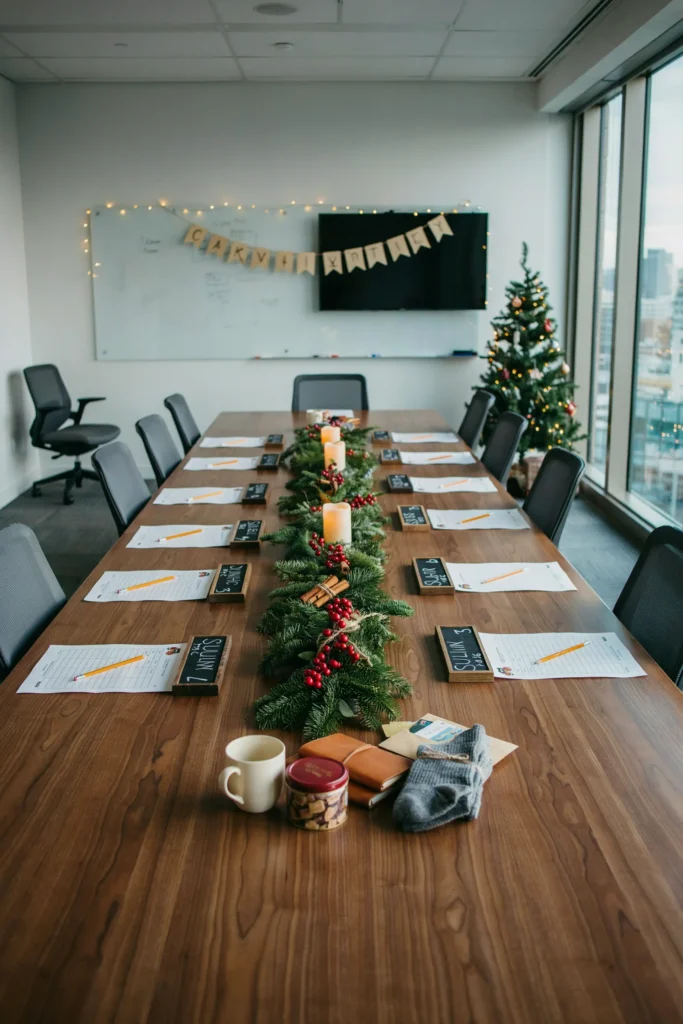 Coworkers in small teams competing during an office holiday trivia challenge