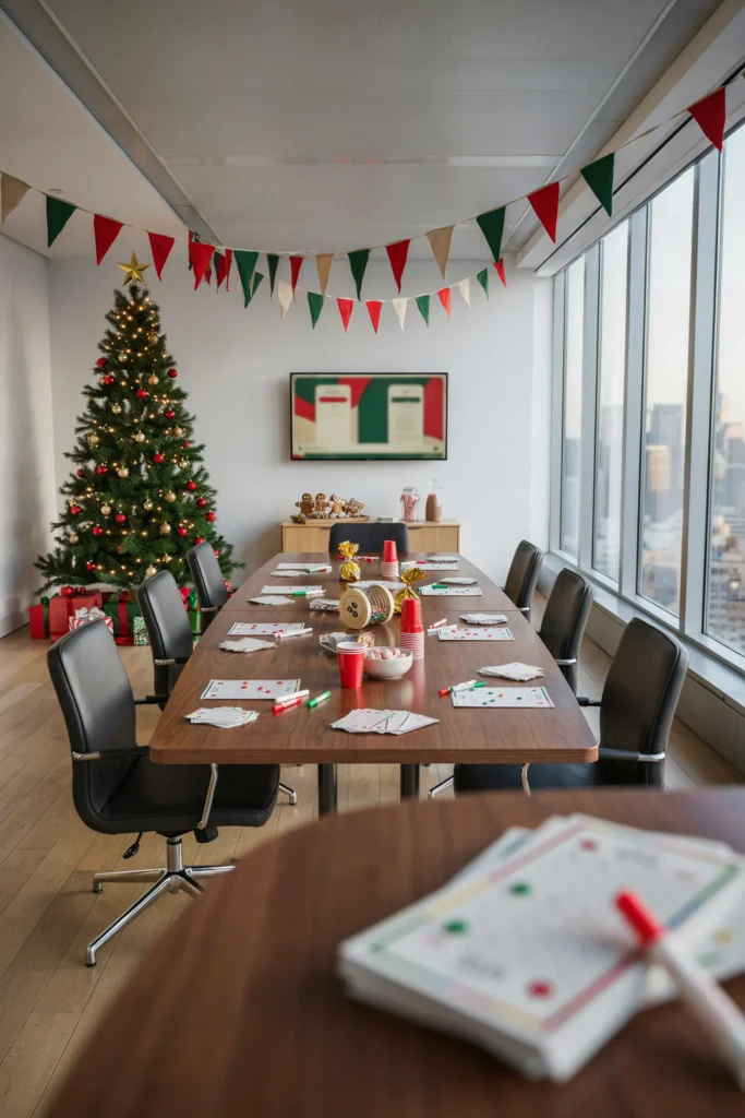 Coworkers laughing while playing a Christmas party game in a conference room