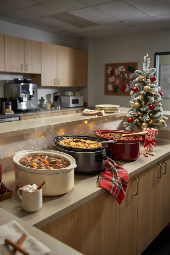 Row of crockpots set up as an office Christmas potluck station