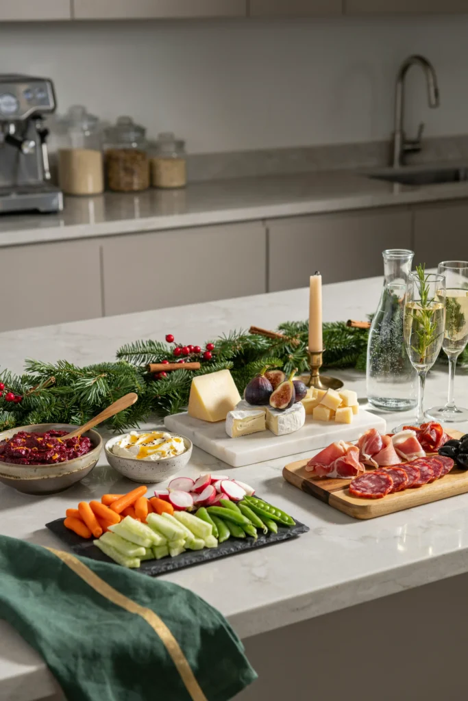 Chilled Christmas snack spread on a breakroom counter for a work holiday party