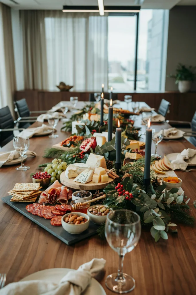 Office grazing table with cheese, cured meats, and cranberries for a work Christmas party