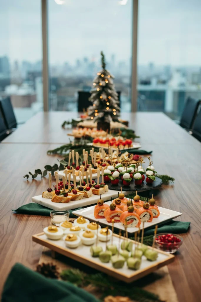 Skewered Christmas appetizers arranged on a tray for an office holiday party