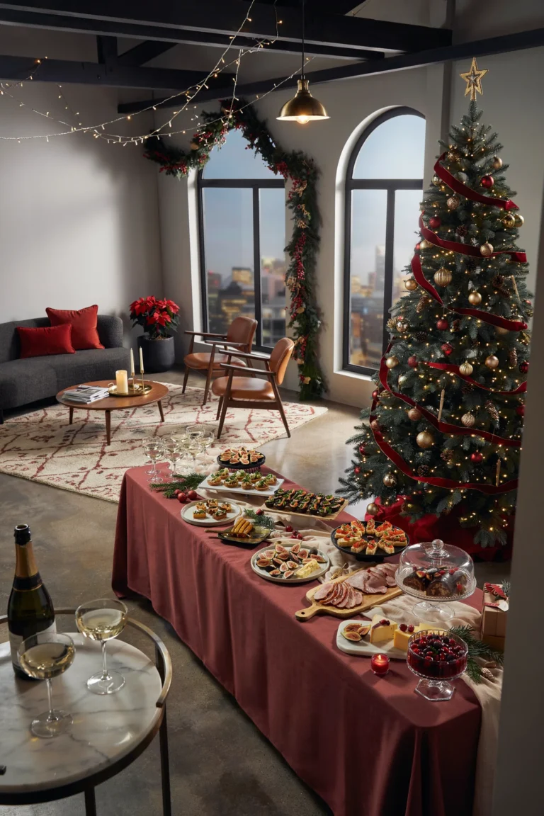An office breakroom or conference room decorated for a holiday party, coworkers mingling around a food table, warm and lively but still recognizably a workplace