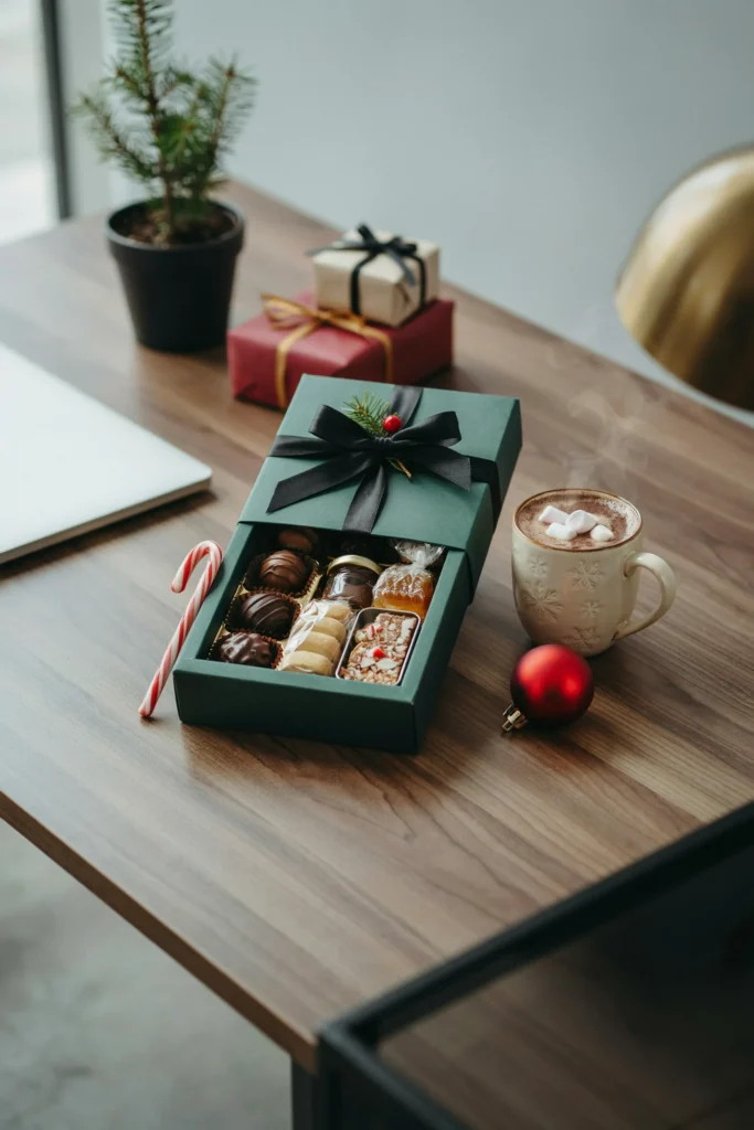 Holiday party in a box care package with snacks and a mug for a hybrid team member
