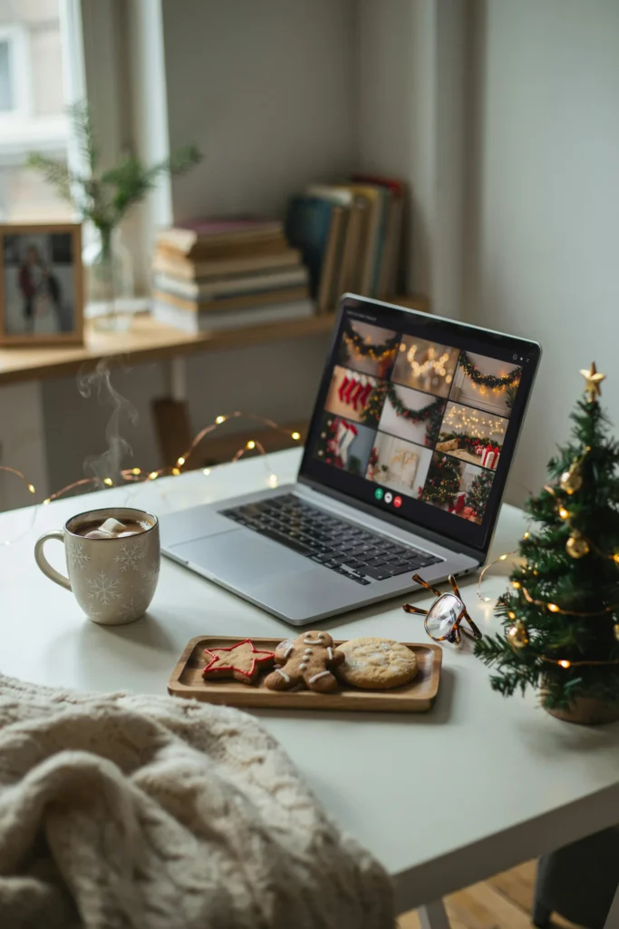 Remote coworkers celebrating a virtual holiday party on a video call