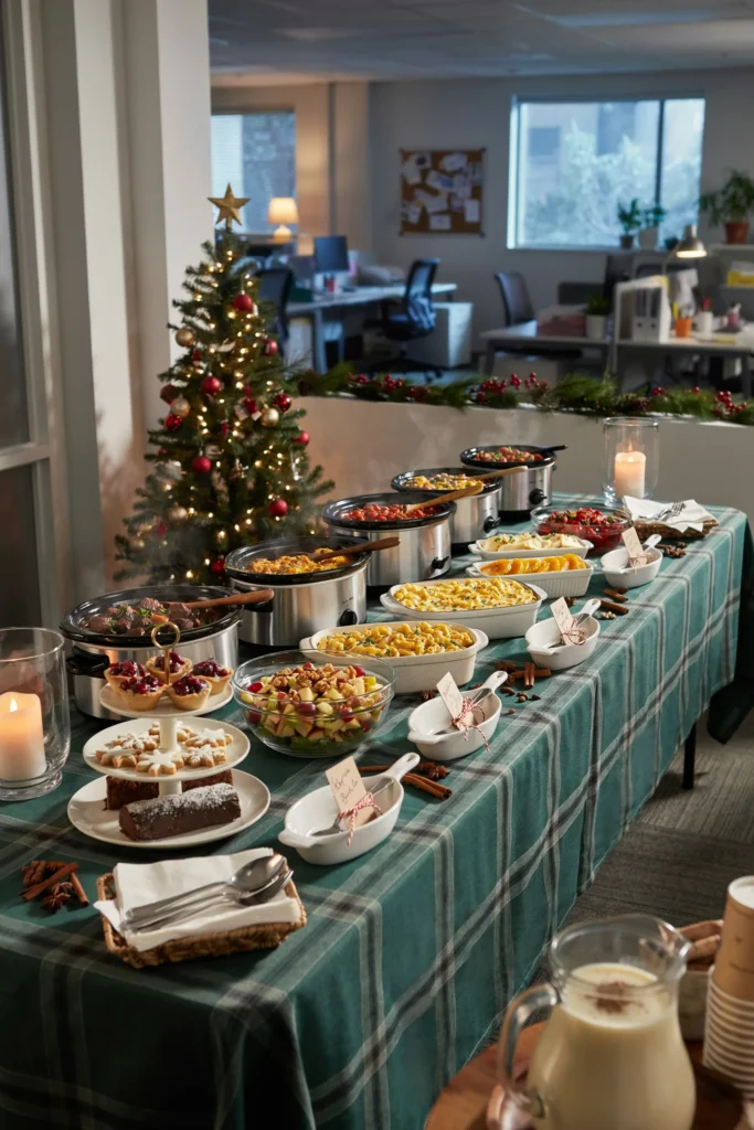Daytime holiday brunch table with pastries and coffee for a company Christmas celebration