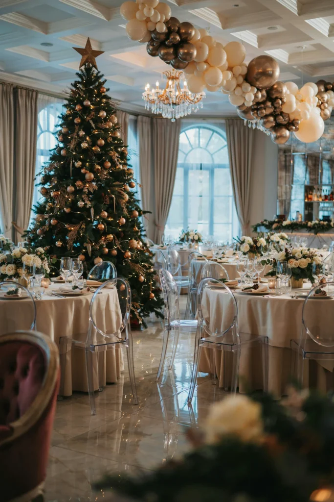 Elegant cocktail bar set up with white wine cocktails for a company Christmas party