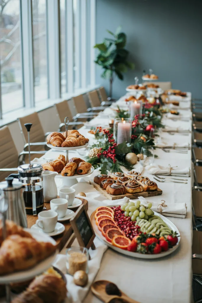 Office breakroom set up for a full holiday potluck with labeled dishes