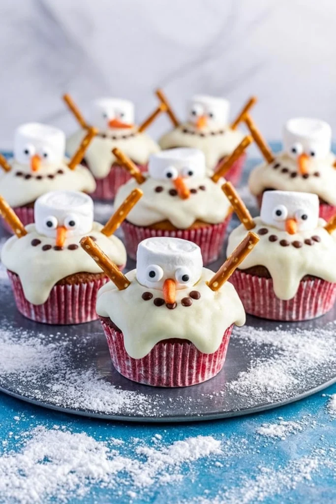 Cupcakes topped with a puddle of white frosting decorated as a melting snowman