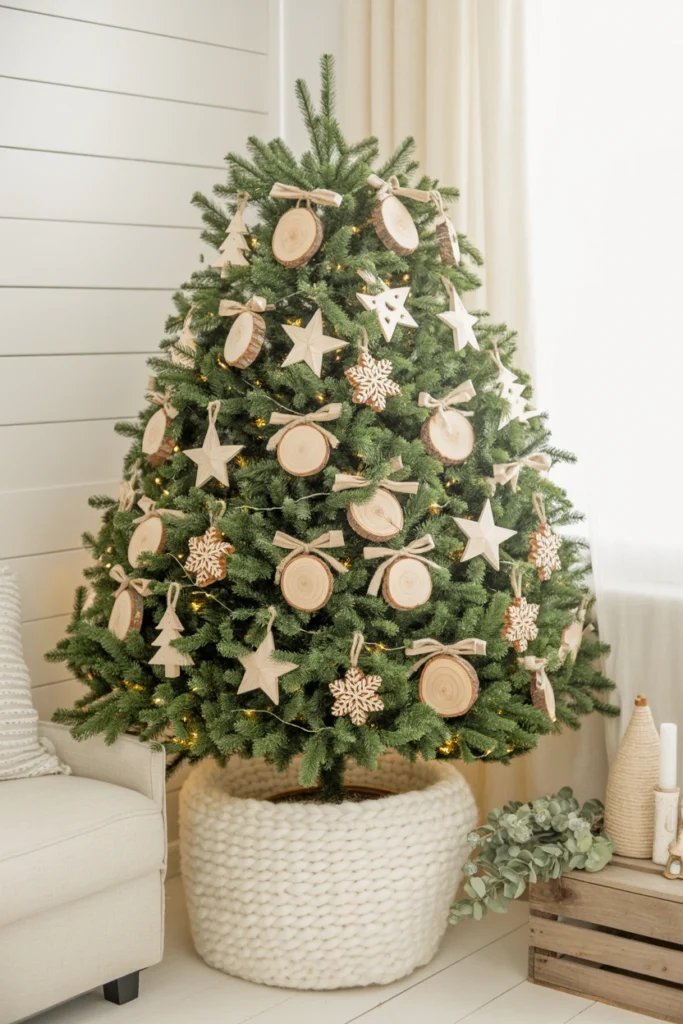 Christmas tree decorated entirely with wood slice ornaments and twine bows