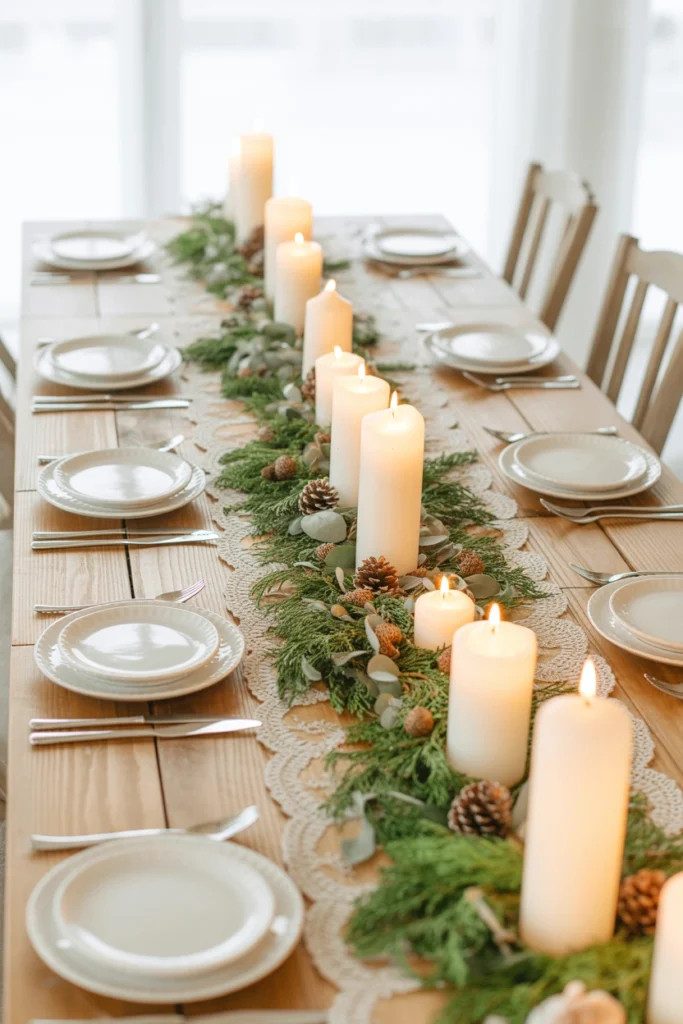 Farmhouse dining table with a sage green scalloped lace table runner