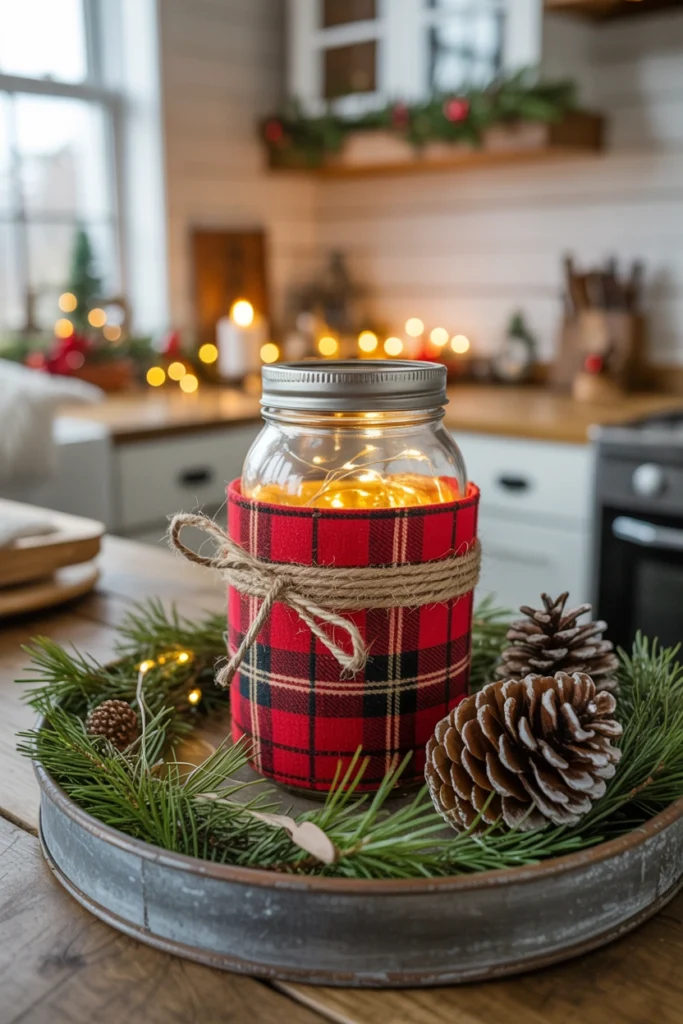 A small mason jar wrapped in red flannel fabric holding a string of warm twinkle lights, glowing on the top tier