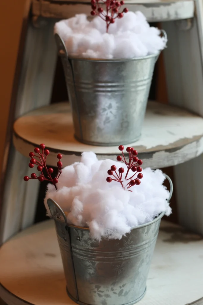 Two tiny galvanized buckets filled with faux snow and small berry picks, set on each tier