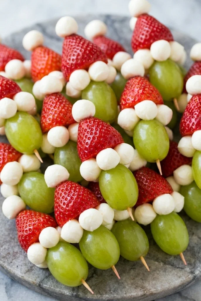 Skewers of strawberries, banana slices, and green grapes arranged upright in the shape of a Christmas tree. class=