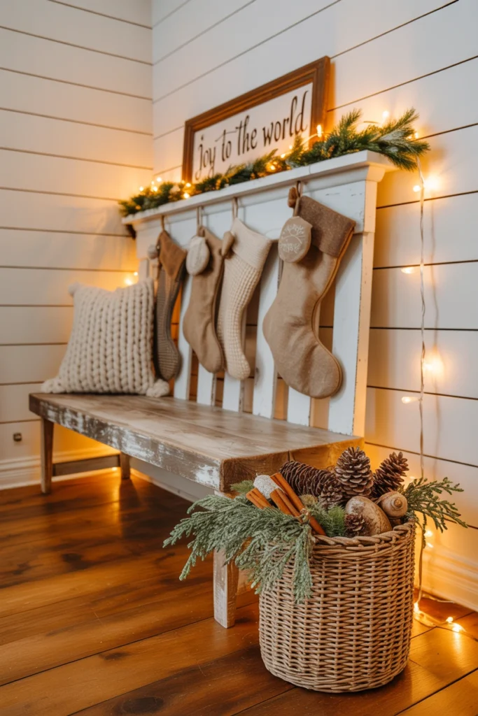 Rustic wood plaque sign hung above an entryway bench with stockings
