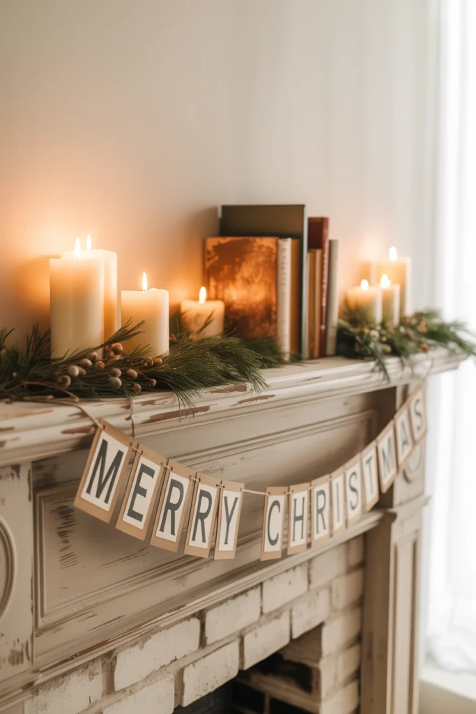 Farmhouse mantel styled with a vintage Merry Christmas banner and pillar candles