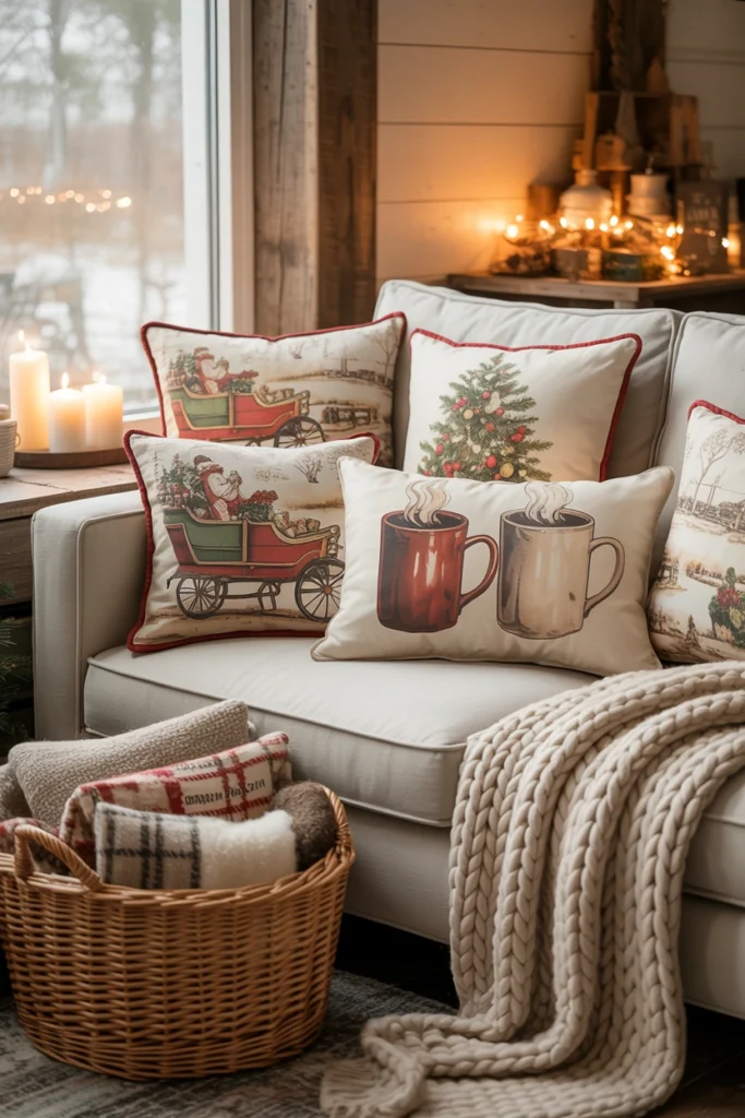 Sofa corner with illustrated sleigh ride and farm tree Christmas throw pillows