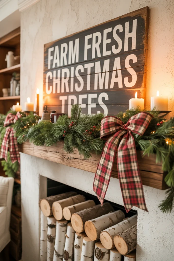 Farm Fresh Christmas Trees buffalo plaid wood sign leaning on a rustic mantel