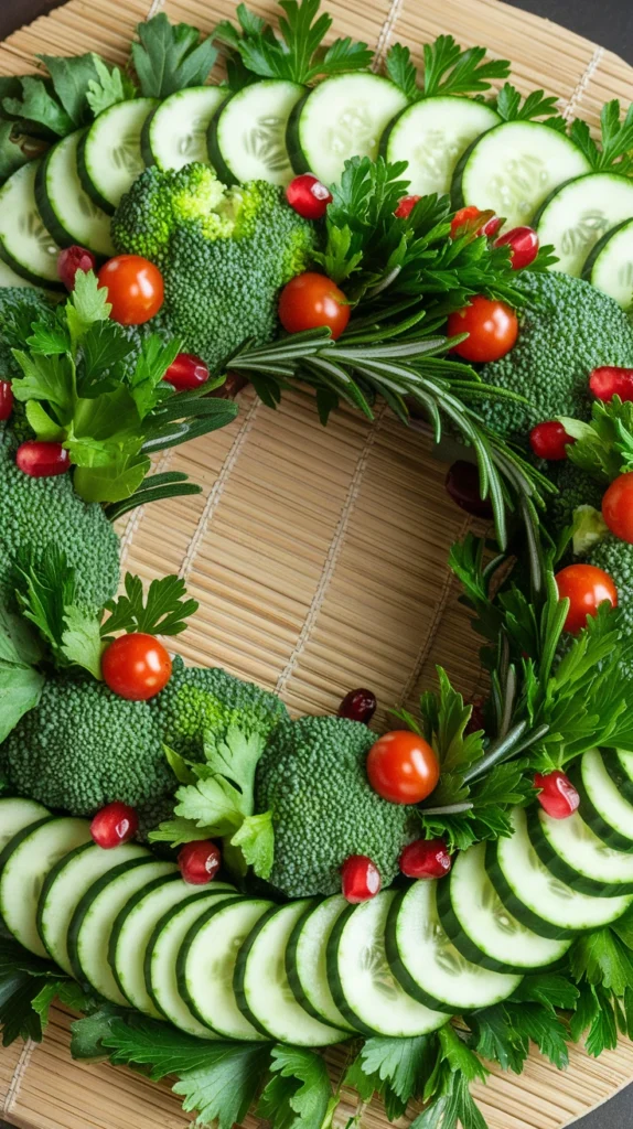 A round vegetable platter arranged in a wreath shape with broccoli florets, cherry tomatoes, and a red ribbon bow made of bell pepper strips. class=