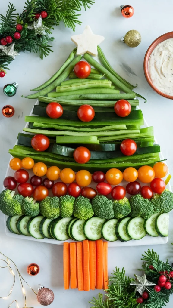 Vegetables arranged in the shape of a Christmas tree with a bowl of dip at the base