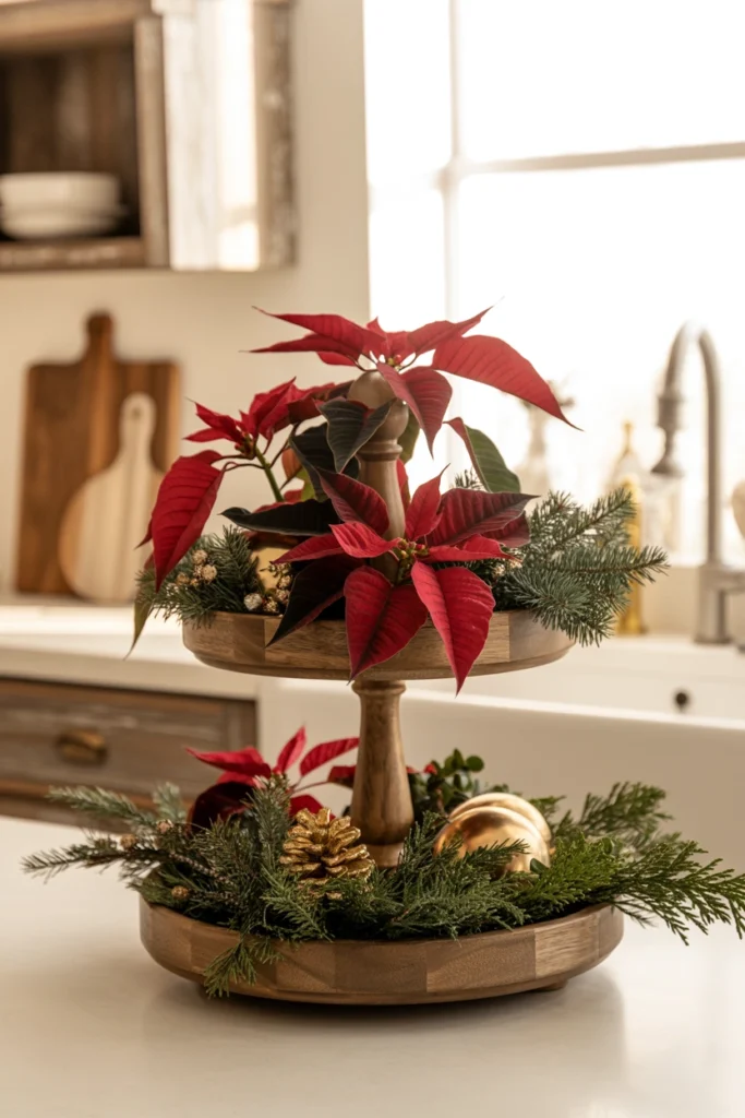 Deep red velvet poinsettia stems fanned out across the top tier of a wooden tray