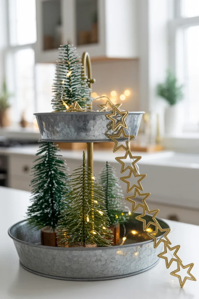 A delicate gold star garland looped loosely between the top and bottom tiers of a metal tray