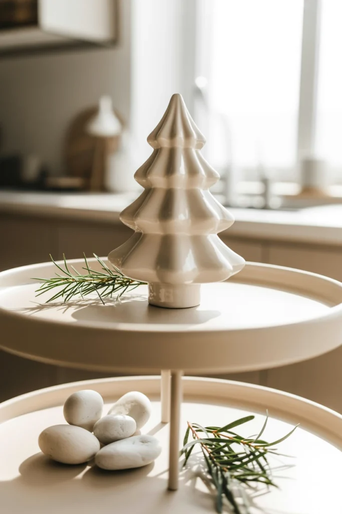One simple white ceramic Christmas tree standing alone on the top tier of a wooden tray, nothing else added